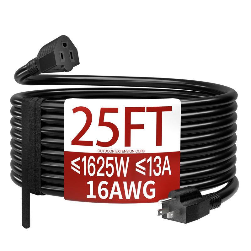 [Australia - AusPower] - 16/3 25 FT Outdoor Extension Cord Waterproof, Weatherproof & Flame Retardant Black 3 Prong Power Cord Outside for Lawn & Garden, 13 Amps 1625 Watts 125 VAC 16AWG SJTW, ETL Listed 