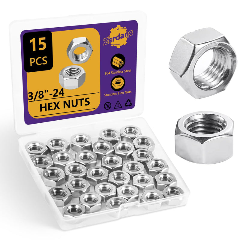 [Australia - AusPower] - 3/8"-24 Hex Nuts, 15Pcs 304 Stainless Steel Metal Standard Inch Hexagonal Nuts Hardware Set for Bolt for Furniture, Automotive, Industry and Construction, Full Thread 3/8"-24 15 