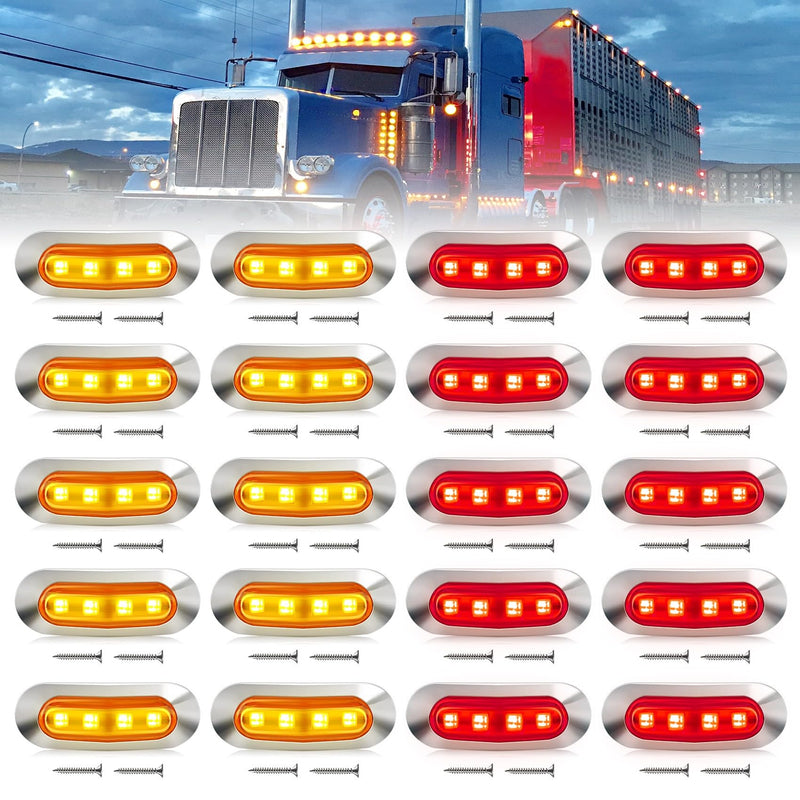 [Australia - AusPower] - LOQOMI 20 PCS 3.5 inch LED Trailer Lights Kit with Chrome Bezel, Front Rear Side Marker Clearance Indicators Light Lamp, Amber + Red Dc12-24V Waterproof Universal Accessories (With Screws) 20PCS (3.5inch) Amber+Red 