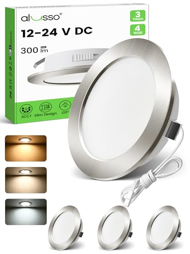 Alusso 12-24 V LED Recessed Ceiling Spotlight, IP44 Furniture Recessed Spotlight, Flat | 4 W, drill hole 55-58 mm and 14.5 mm flat, 3000 K warm white 4000 K neutral white 6000 K cool white, nickel, set of 3 Nickel, 12 V, Ø 55 – 58 Mm, Pack of 3 3er Set