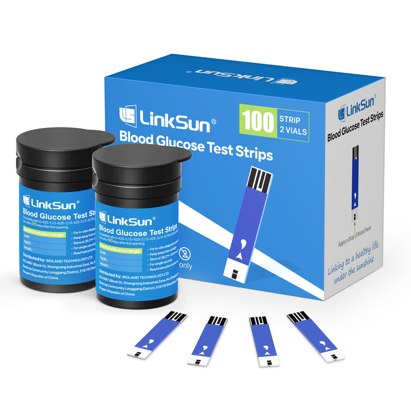 LinkSun Diabetic Blood Test Strips*100, Used for G-425-1,G-425-2V, G-425-3, G-427B Blood Glucose Monitor Only, 0.7μl Blood Sample, Accurate Measurement, Results in 5 Seconds, 2 Bottles of 50 Pc 100 Strips No Lancets