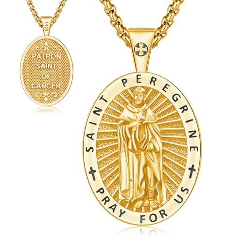 St Peregrine Medal Necklace for Men Women, 925 Sterling Silver St Peregrine Patron Saint Medal Cancer Pendant Amulet Religious Jewelry Gifts Gold St Peregrine-KJ