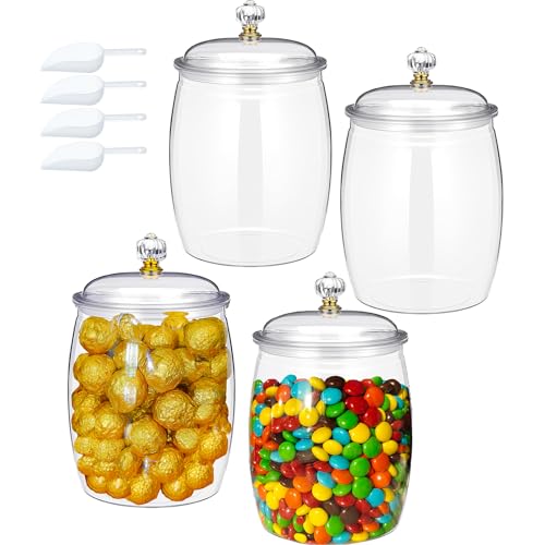 Plastic Candy Jars 4 Pack Candy and Cookie Jar with Lid and Scoops 64oz Buffet Containers Plastic Jars with Lids for Cookie Snacks Kitchen Utensils 64oz（4 pack)