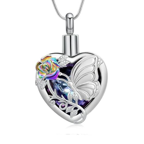 Hearbeingt Butterfly Heart Urn Necklace for Ashes Crystal Cremation Jewelry Purple-Colorful