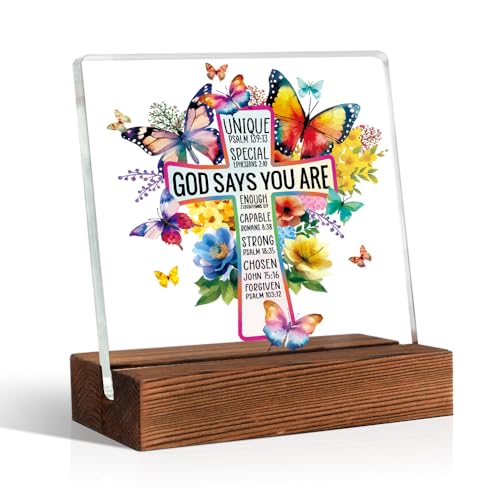 God Says You Are Cross Butterfly Acrylic Sign With Wooden Stand Multicolor 2