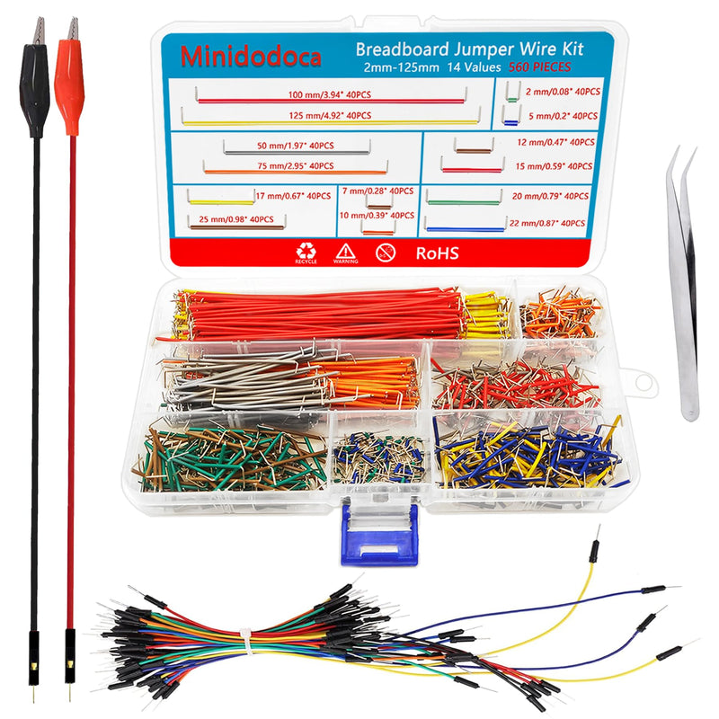 [Australia - AusPower] - 560 Pieces Jumper Wire Kit 14 Lengths Assorted Preformed Breadboard Jumper Wire+65 pcs Solderless Flexible Breadboard Jumper Wires +Alligator Clip Test Leads with Free Box&Tweezers 560pcs+65pcs+2pcs Alligator 