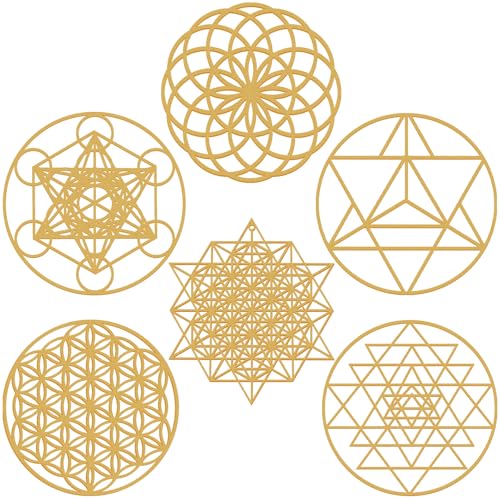 Taiyin 6 Pcs 12 Inch Wooden Sacred Geometry Wall Art Set, Zen Geometric Wall Decor for Home Meditation Room, Inspired Hanging Art with Metatron Cube, Flower of Life, Sri Yantra(Golden) Golden