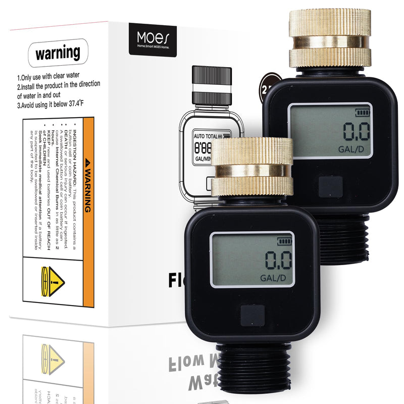 MOES Water Flow Meter with Brass Inlet Metal Thread, Measure Gallon/Liter Consumption and Flow Rate for RV Water Tank Filling, Outdoor Garden Hose Watering, Lawn Sprinkler and Nozzle Sprayer, 2 Pack