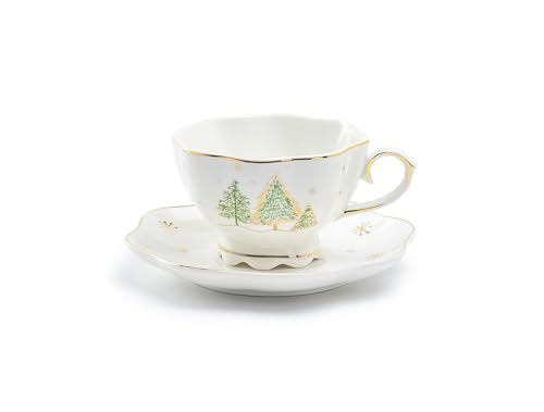 Christmas Pine Trees Fine Porcelain Scallop Shaped Tea Cup and Saucer Set, One Cup with One Saucer Set