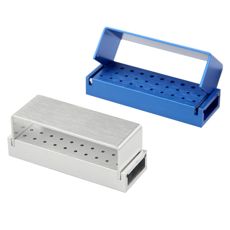 [Australia - AusPower] - Dental Burs Holder Block Case 30 Holes 2Pcs Disinfection Diamond Burs Aluminium Autoclavable Opening Box for Laboratory Clinics（Sliver and Blue） 