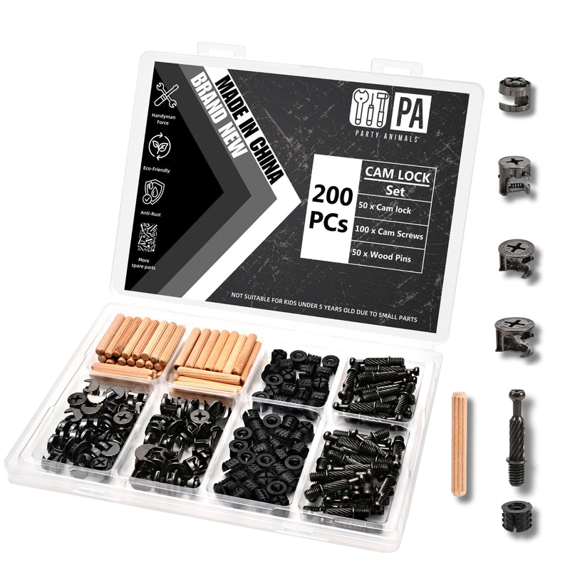 [Australia - AusPower] - Cam Locks for Furniture Party Animals 3-in-1 Eccentric Wheels 200 Pcs, Black Furniture Cam Lock Fasteners Compitable with IKEA Hardware Parts, Multi-Size Repair Spare Parts Nut & Bolt Assortment Sets 