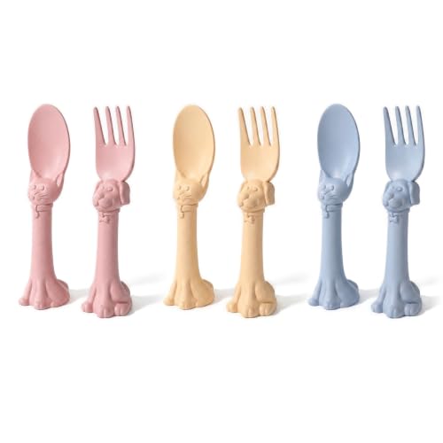 Kids Silverware Set, 6-Piece Toddler Forks and Spoons, Made in USA, Self-Standing Cat and Dog Handles, BPA-Free Recycled Plastic, Pink Blue Yellow Pink, Blue, Yellow