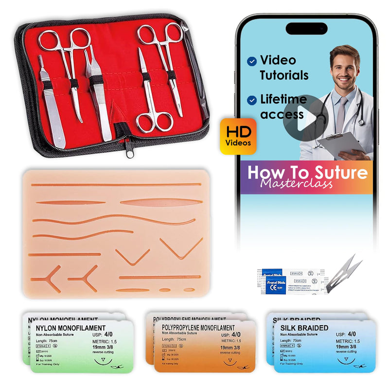 [Australia - AusPower] - Suture Practice Kit + Suturing Course for Medical Students, Silicone Suture Pad, 14 Pre-Cut Wounds, Tools & Sutures, Stitching Kit De Sutura Nurse Vet Supplies Med School Essentials 