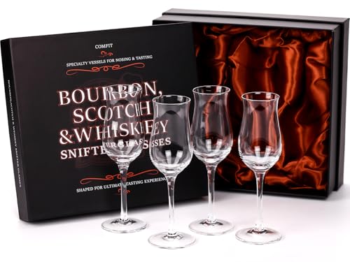 Cognac, Brandy, Whiskey,Tequila and Dessert Wine Snifter Glasses - Set of 4 - Professional 4oz Small Crystal Snifters Gift Sniffers for Sipping Neat Liquor - Liquor and Spirits Sippers Stemmed Tulip