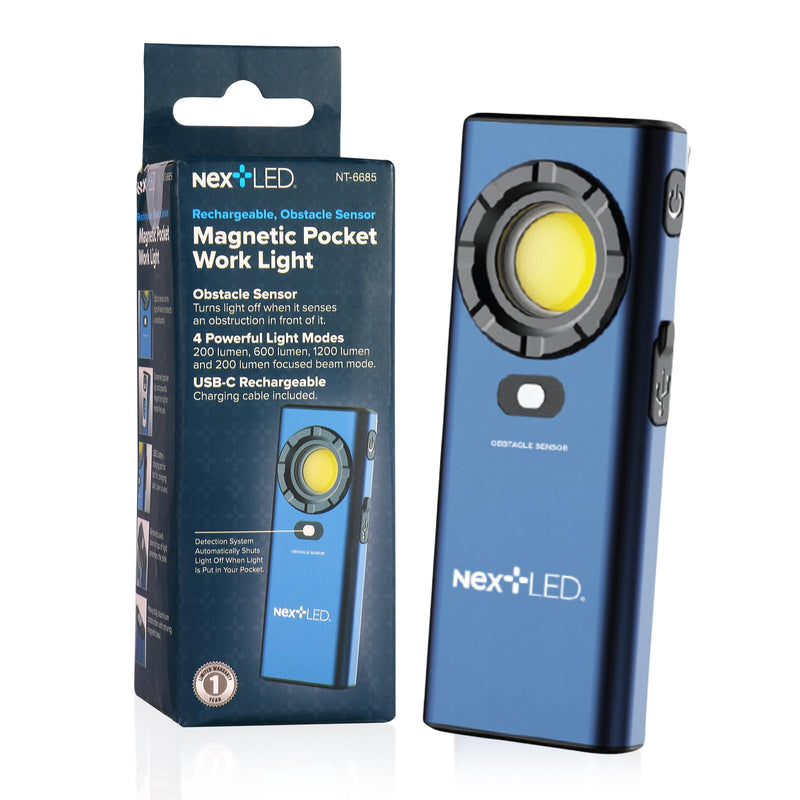 [Australia - AusPower] - NextLED NT-6685 Pro LED Rechargeable Work Light, 1200 Lumen HVAC Flashlight w/Obstacle Sensor, Magnetic Work Light w/Hanging Hook, IPX7 Waterproof, Aluminum Case, for Job Site, Car Repair, Emergency 