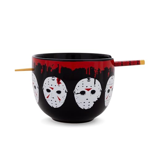 Friday The 13th Jason Voorhees Mask Ceramic Ramen Dinnerware Set | Includes 20-Ounce Noodle Bowl and Wooden Chopsticks