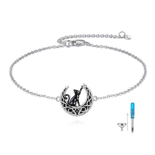 VONALA 925 Sterling Silver Moon Cat Urn Bracelets for Women Celtic Urn Bracelet Moon Ashes Bracelet Black Cat Cremation Jewelry
