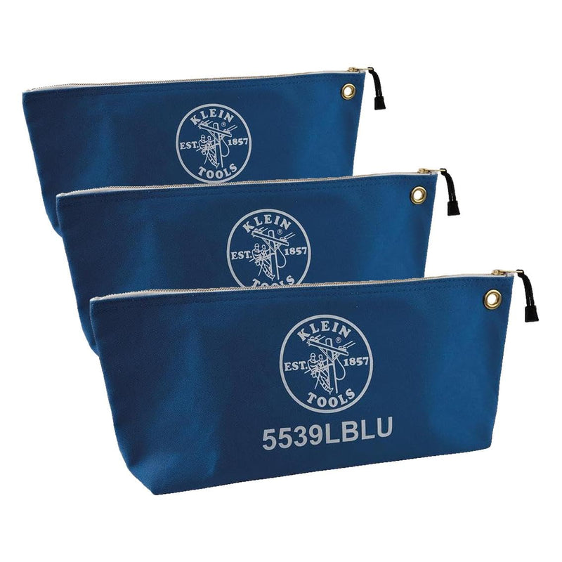 Klein Tools 5539LBLU Zipper Bag, Large 16-Inch Canvas Tool Pouch for Tool Storage with Brass Zipper, and Grommet for Hanging, Blue (Pack of 3) Large (Pack of 3)