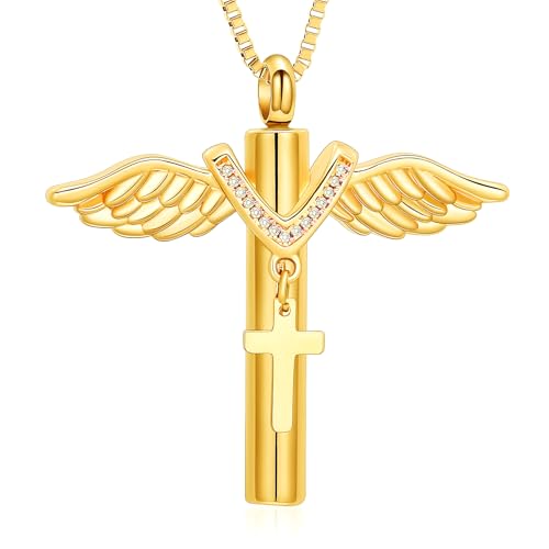 XSMZB Wings Cylinder Cremation Jewelry for Ashes Pendant Cross Urn Necklace for Ashes for Men Women Keepsake Locket Jewelry Gold