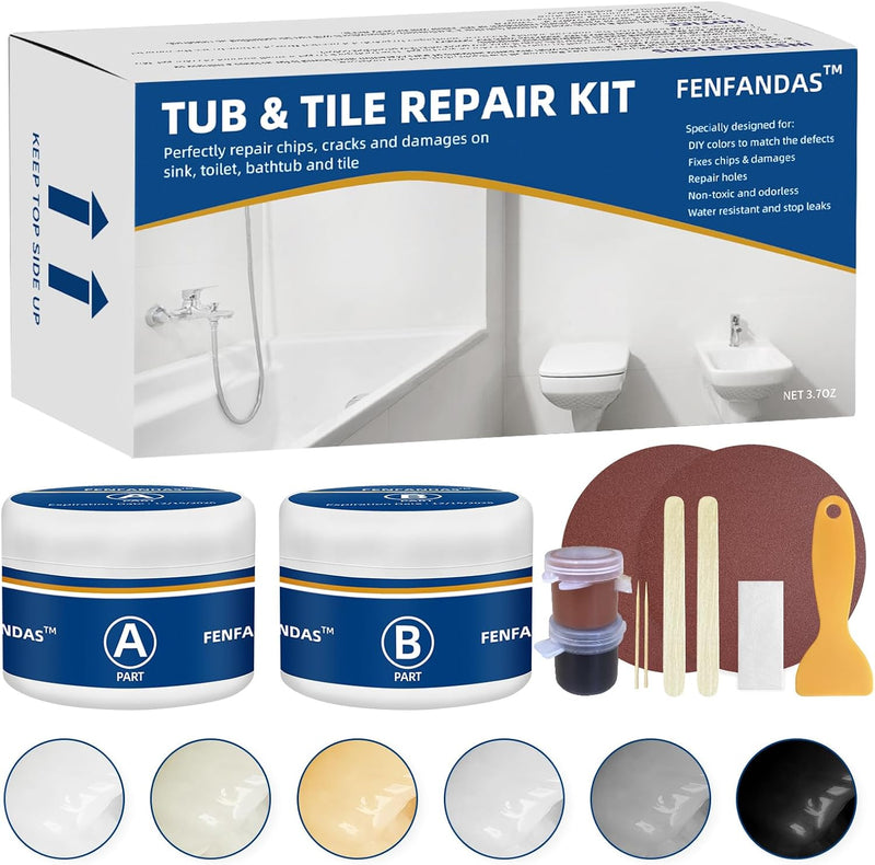 Tub and Fiberglass Shower Repair Kit White, Porcelain Tile Repair Kit | Porcelain Sink and Acrylic Bathtub Repair Kit for Cracks Chips Dents Holes Almond/Biscuit/Bone 3.7oz