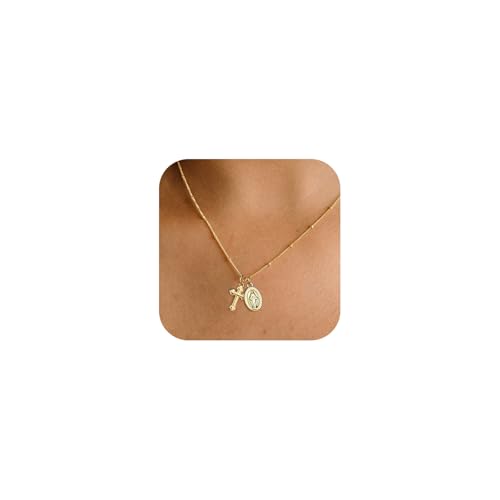Bheop Cross Necklace for Women, 14K Gold Silver Choker Pendant Necklace GD-Virgin Mary Cross+Beaded Chain