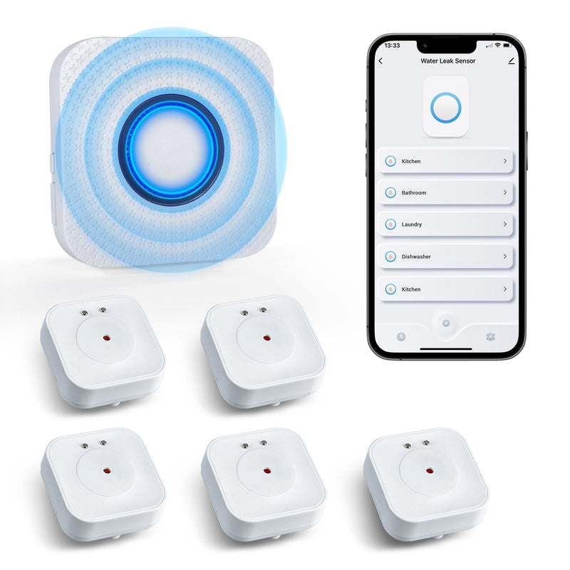 WiFi Water Sensors - 110dB Detector with Real-time APP Notifications | 5Pack Leak Alarm with Remote Control, 2.4G Sensors for Home