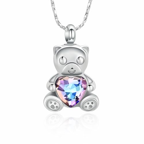 Imrsanl Teddy Bear Cremation Jewelry for Men Women Crystal Heart Memorial Urn Necklaces for Ashes Pendant Human Pet Ashes Holder Keepsake Silver Purple