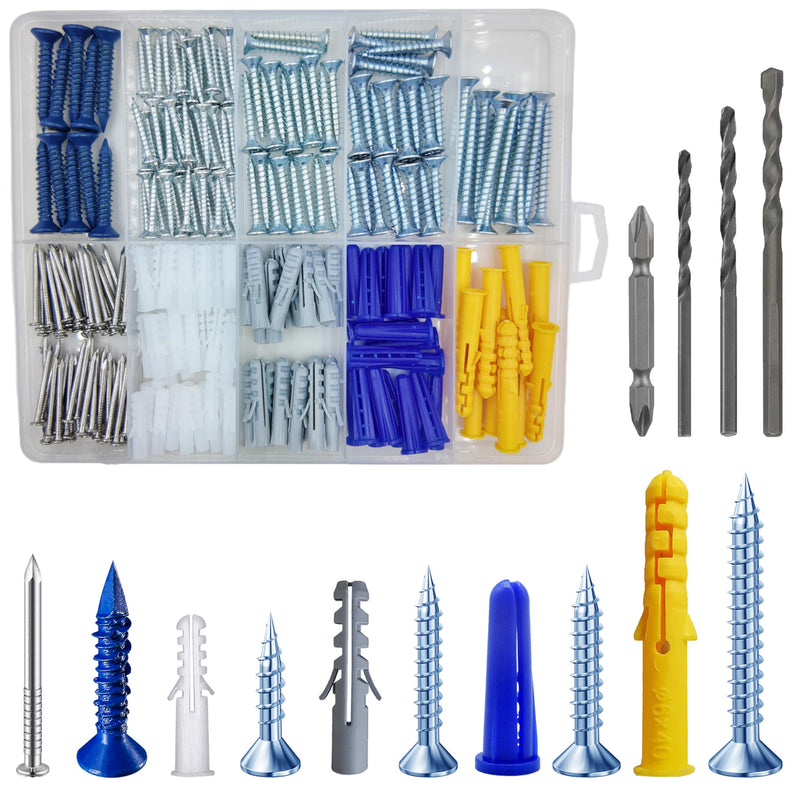 [Australia - AusPower] - (274 pcs) Plastic Drywall Wall Anchors Kit with Screws， Concrete Screw kit Wall Anchor Set Suitable for Brick and Cement Walls 