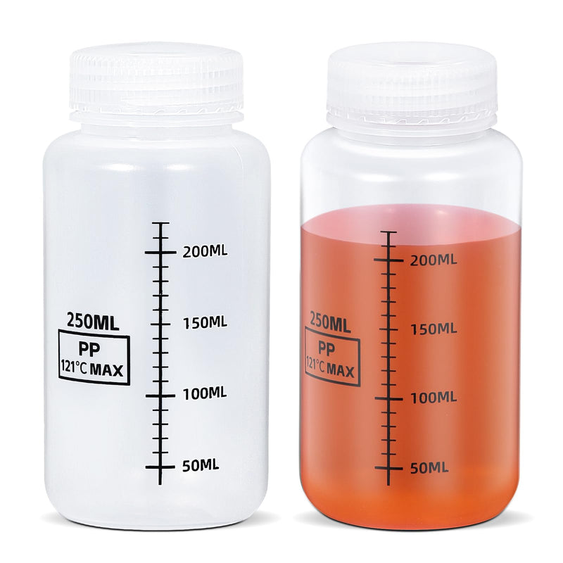 [Australia - AusPower] - 8oz/250ml Wide Mouth Plastic Bottles with Airtight Lids, Graduated Food Grade Leak Proof PP Containers Jars for Water Sample Lab Reagent Liquid Medicine Storage (Transparent, 2 Pcs) Transparent 8.4oz 