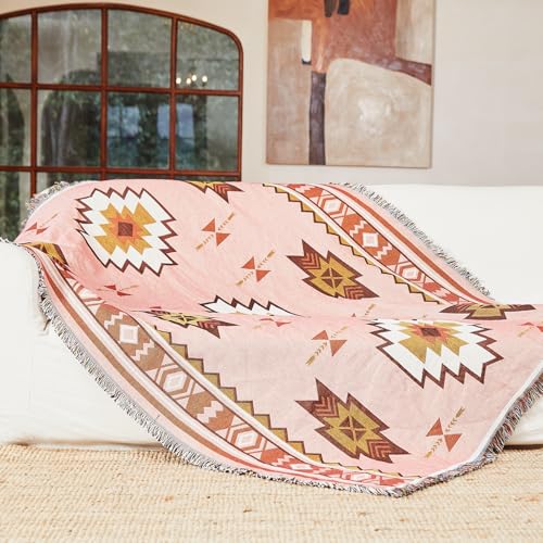 Snycler Boho Throw Blanket for Bed 50 * 60inch Woven Blanket Cotton Polyester Farmhouse Decor for Indoor Outdoor Sofa Bedroom Garden，All Season(Pink) Pink 50x60inch