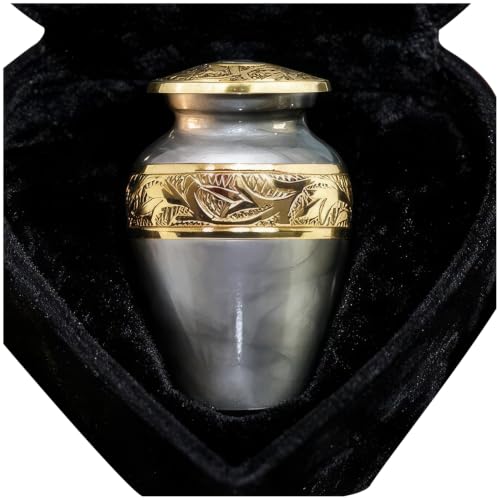 Small Urns for Human Ashes with Velvet Heart Case - Brass Hand Engraved - Mini Memorial Urn for Ashes - Gray Keepsake Cremation Urn for Mom, Dad, Baby & Someone Special Small Urn