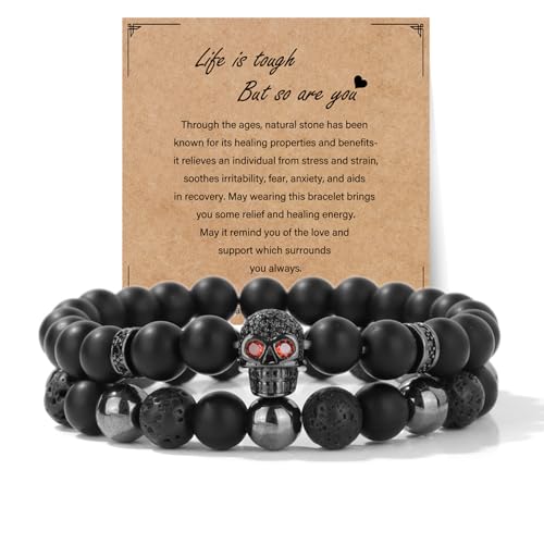 Natural Stone Bracelet 8mm Mens Black Beaded Bracelets Hematite Obsidian Onyx Lava Beads Bracelet Healing Crystal Bracelet for Men Skull