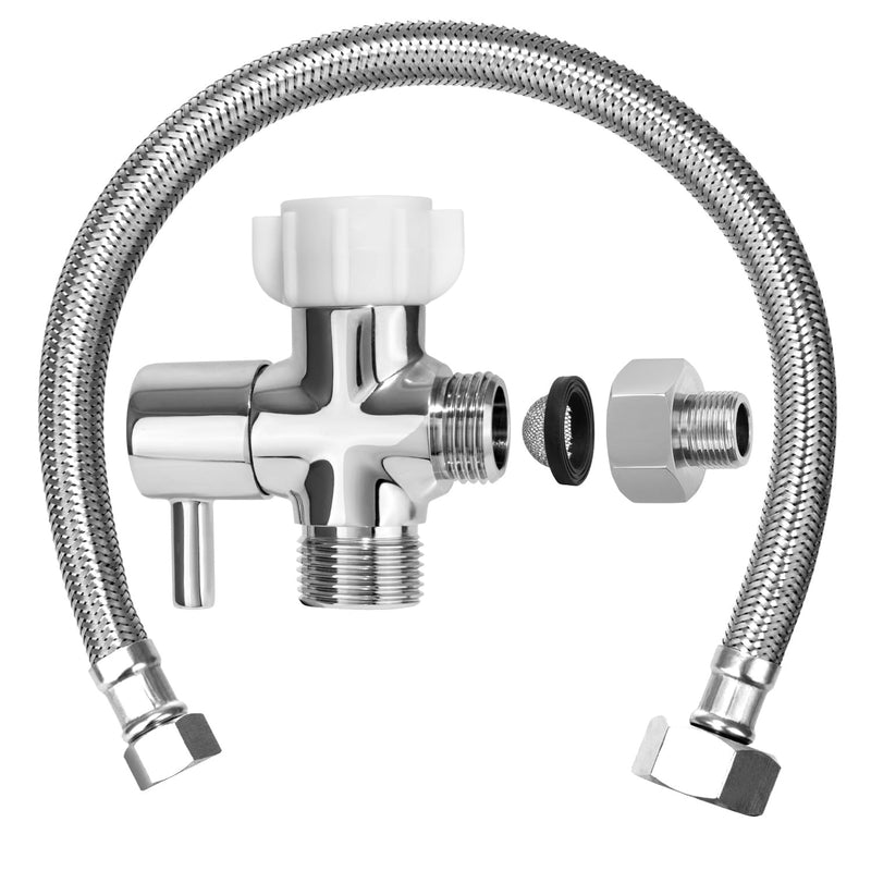 Bidet T Adapter with Shut off Valve,Metal T Valve for Bidet 7/8” X 7/8” X 1/2”or 3/8” with 15.75 Inch Flexible Toilet Connector, Tee Connector Bidet Attachment for Toilet