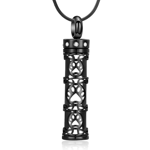Minicremation Paw Print Cremation Jewelry for Ashes Pet Stainless Steel Cylinder Urn Vial Pendant Necklaces Celtic Knot Paw Print Ash Keepsake Jewelry for Women Men Black