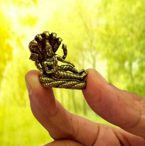 Purpledip Rare Miniature Brass Idol Vishnu Resting on Sheshnag Serpent in Ananthasayanam Pose: Collectible Statue with Detailed Very Fine Workmanship (12698T)