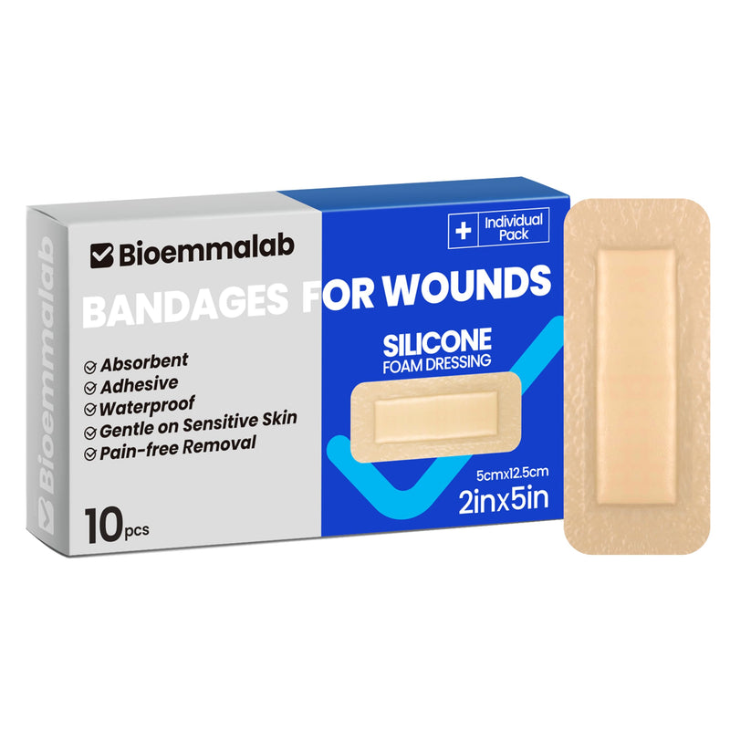 [Australia - AusPower] - Large Waterproof Bandages 2"X5" Silicone Foam Dressing for Sensitive Skin Wound Care, 10 Packs, Adhesive Cohesive Pad with Border for First Aid, Post Surgical and Trauma Care, Sore, Burn, Pressure 2"X5" (10 Packs) 