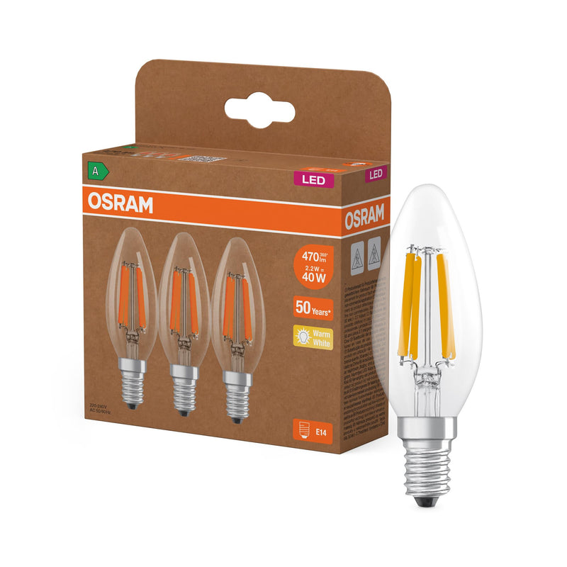 Osram High Efficiency LED Bulbs with Energy Efficiency Class A, Value Pack with 3 Bulbs, Replaces Conventional 40 W Bulbs, Candle Shape, Warm White (2700 K), E14, Filament Glass Clear 3-Pack 40 W warm white
