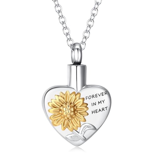 Heart Urn Necklaces for Ashes for Women Stainless Steel Cremation Jewelry for Ashes Sunflower-Forever in My Heart