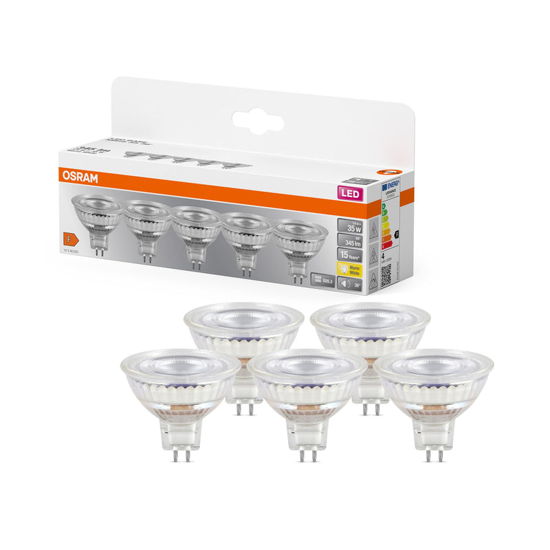 Osram LED Base MR16, Value Pack with 5 Low Voltage Bulbs, Replaces Conventional 35 W Reflector Bulbs, Warm White (2700 K), 3.8 W, GU5.3 Socket, Matte Glass, Not Dimmable 2700k Warm White 5 pieces 35W Replacement 36° beam angle