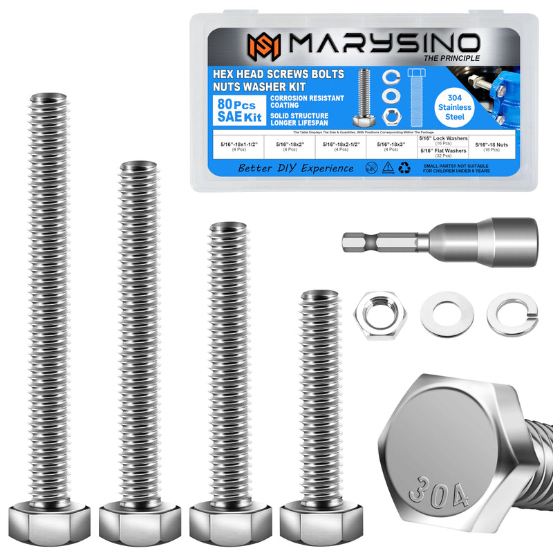 [Australia - AusPower] - 80Pcs SAE Stainless Steel Nuts and Bolts Assortment Kit,Including 5 Sizes 5/16 Bolts, Assorted Bolts Nuts and Washers Kit with Drill Bit 80Pcs 5/16"-18 