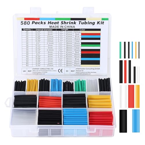 Heat Shrink Tubing Set, 580 Pieces, Heat Shrink Tubes, Colored Includes 6 Colors and 11 Sizes, 2:1 Shrink Ratio, Heat Shrink Tube, Waterproof, Suitable for Cable Insulation, Protect