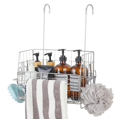 SUTINE Hanging Shower Organizer, Shower Caddy Hanging, Bathroom Storage Rack with Hooks Over the Door, Stainless Steel Rustproof Bathroom Basket Shelf for Bath Faucet or Cross Bar