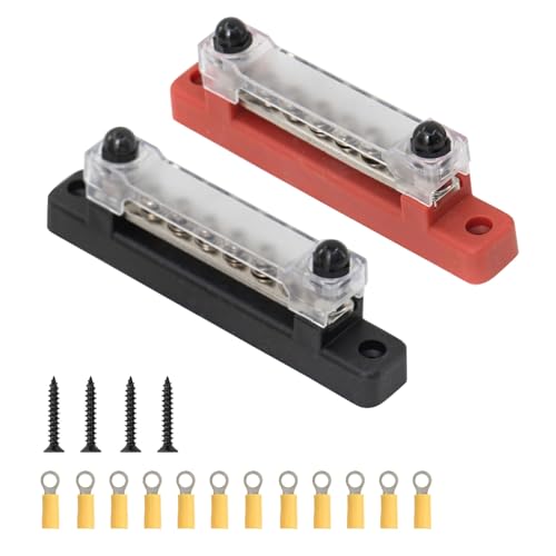 2 Sets Busbar 12V-48V DC 150A Busbar Power Distributor 12V with Cover, Bus Bar 12V with 6 M4 Screws, 2 M6 Bolts, 12V Distribution Block for Car, Truck, Motorhome, Yacht, Boat 6 M4 Bolts, 2 M6 Bolts