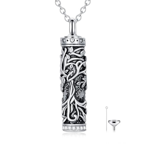 TOUPOP Tree of Life Urn Necklaces for Ashes, Cylinder Bar Urn Necklace Sterling Silver Family Tree Keepsake Necklace for Ashes Memorial Cremation Jewelry for Ashes Gifts for Women Mom Sister Tree of Life Women