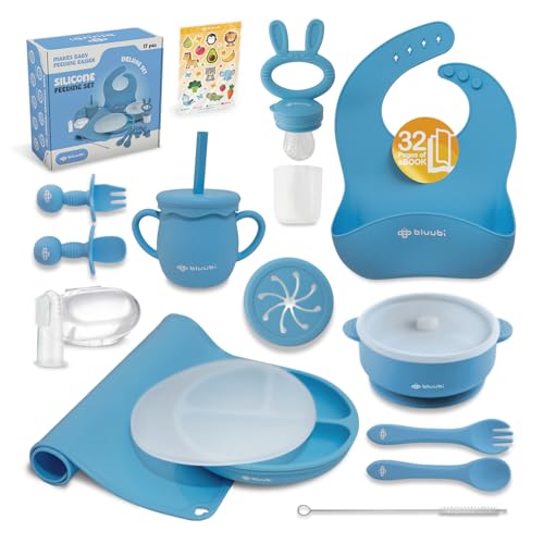 Silicone Baby Feeding Set - Infant Tableware for First Foods & Baby, Led Weaning (0+ Months), Easy to Clean, Durable, Perfect for Baby Boy or Girl, Solid Feeding - Blue - Deluxe