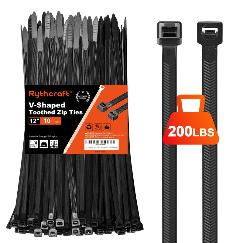 [Australia - AusPower] - Zip Ties Heavy Duty 12 inch，V-Shaped Toothed Double Sided With 200 LBS Tensile Strength Cable Ties ，Extra Large Wire Ties Adjustable Nylon Tie Wraps for Indoor Outdoor Patented Design（80 Pack Black） 
