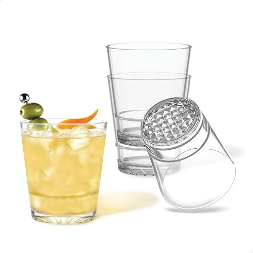TOSSWARE RESERVE 12oz Stacking Double Old Fashioned - Daimond Base, SET OF 4, Premium Quality, Tritan Dishwasher Safe & Heat Resistant Unbreakable Plastic Whiskey Glasses Diamond Base Clear
