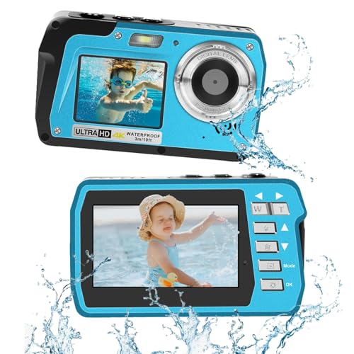 4K Underwater Camera, Full HD 4K&48MP Compact Floatable Camera, 10FT Waterproof Camera for Snorkeling, Surfing, Rafting, Dual-Screen for Selfie/16X Digital Zoom/Fill Light/Support 128GB Card(Blue) Blue