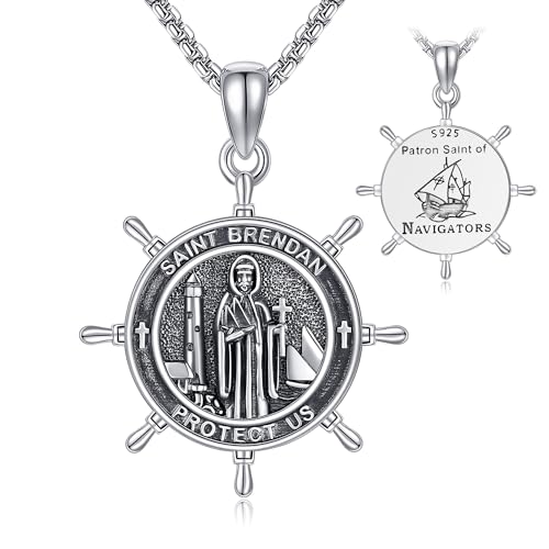 Saint Brendan Necklace S925 Sterling Silver Saint Brendan Coin Medal Pendant Necklace Protection Jewelry for Men Women Religion Gifts