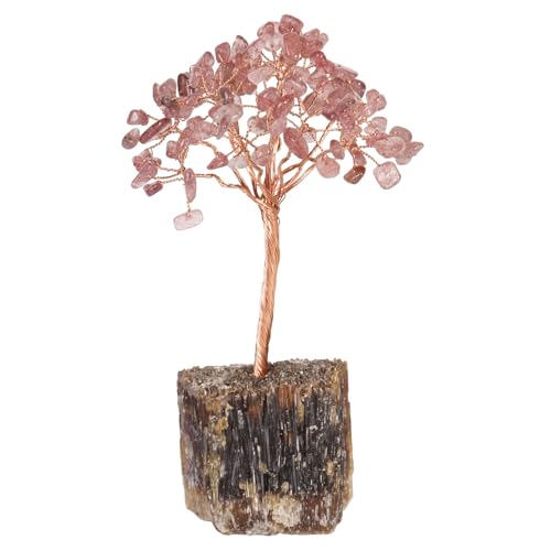 Amogeeli Healing Crystal Tree with Base, Handmade Money Tree, Feng Shui Arrangement for Positive Energy, Reiki, Meditation, Home/Office Decor, Strawberry Quartz Red